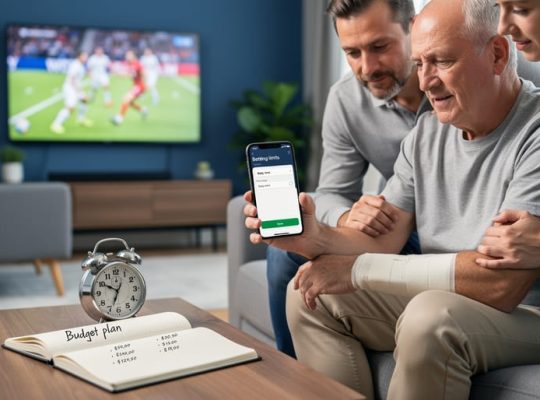 Stroke survivor with a supportive caregiver setting limits on a smartphone beside a notebook and analog timer, with a blurred sports game on TV in the background.