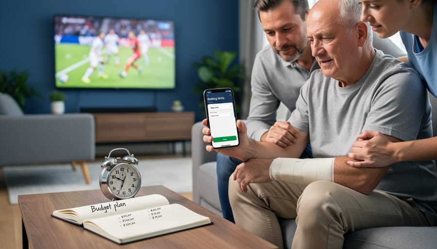 Stroke survivor with a supportive caregiver setting limits on a smartphone beside a notebook and analog timer, with a blurred sports game on TV in the background.
