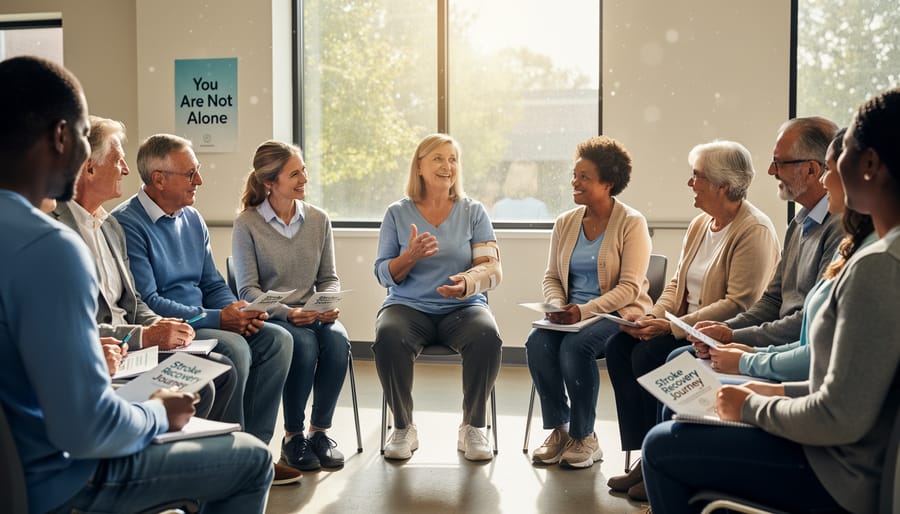 Group of people in supportive conversation circle sharing experiences