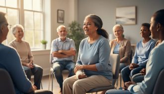 Diverse adults seated in a circle as a stroke survivor speaks in a warmly lit community room, with the speaker in focus and supportive listeners softly blurred in the background.