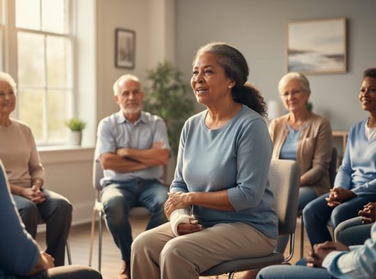 Diverse adults seated in a circle as a stroke survivor speaks in a warmly lit community room, with the speaker in focus and supportive listeners softly blurred in the background.