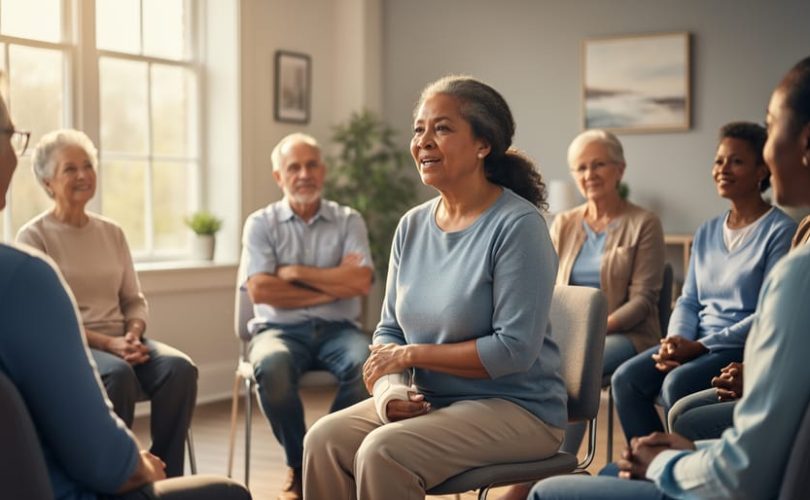 Diverse adults seated in a circle as a stroke survivor speaks in a warmly lit community room, with the speaker in focus and supportive listeners softly blurred in the background.