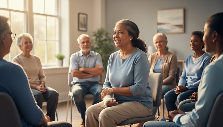 Diverse adults seated in a circle as a stroke survivor speaks in a warmly lit community room, with the speaker in focus and supportive listeners softly blurred in the background.