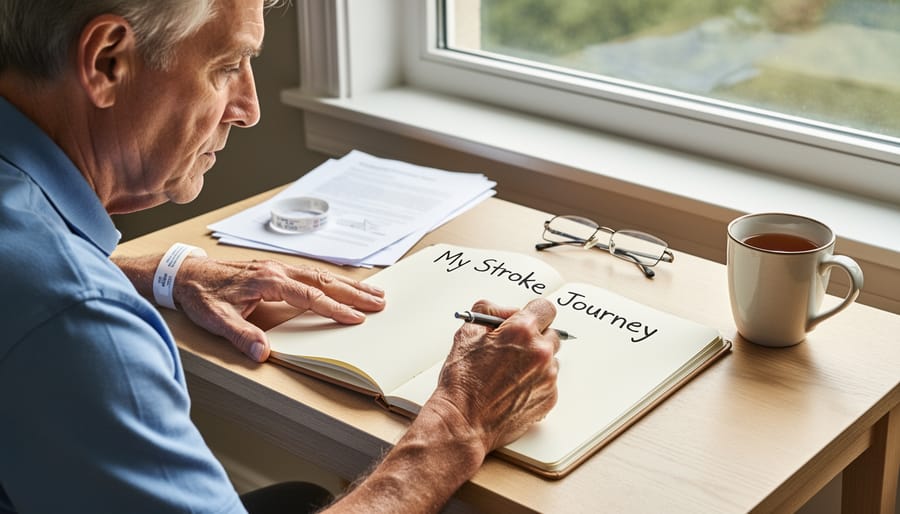 Person's hands writing in journal at table with coffee cup