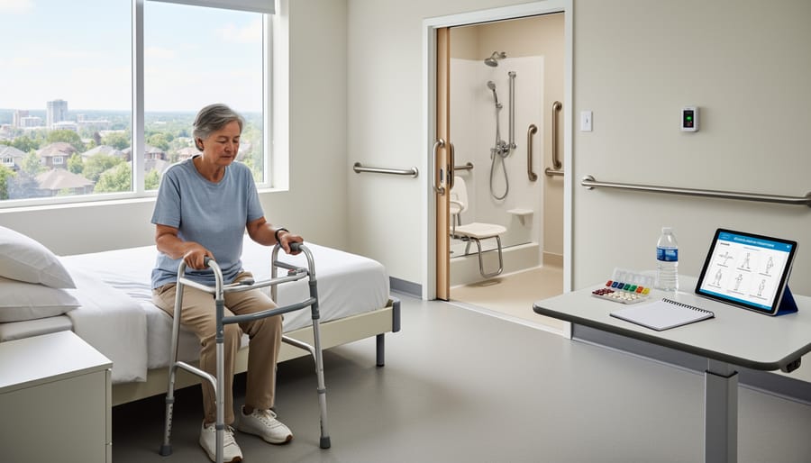 Accessible bedroom with grab rails, walking aid, and adaptive equipment for stroke recovery