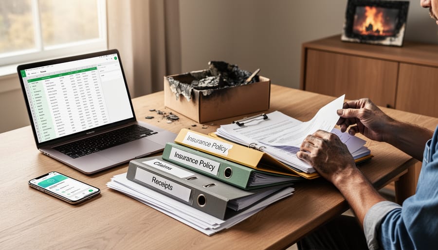 Person using smartphone checklist app while organizing insurance documents and medications