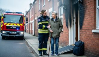 UK fire and rescue support officer helping a stroke survivor with a cane outside a smoke-damaged brick terraced house, with an unbranded red fire engine and a portable accessibility ramp softly blurred in the background.