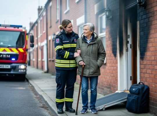 UK fire and rescue support officer helping a stroke survivor with a cane outside a smoke-damaged brick terraced house, with an unbranded red fire engine and a portable accessibility ramp softly blurred in the background.