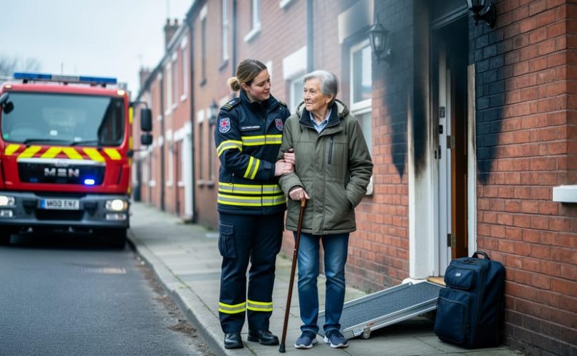 UK fire and rescue support officer helping a stroke survivor with a cane outside a smoke-damaged brick terraced house, with an unbranded red fire engine and a portable accessibility ramp softly blurred in the background.