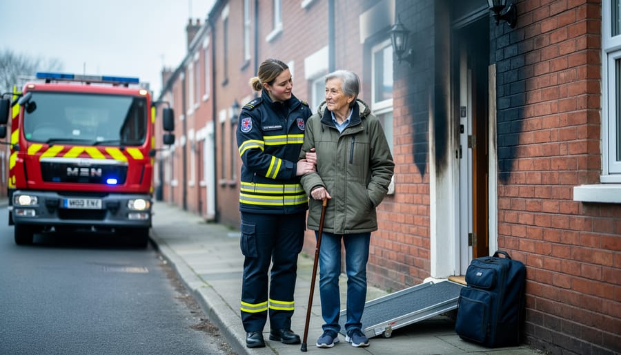 UK fire and rescue support officer helping a stroke survivor with a cane outside a smoke-damaged brick terraced house, with an unbranded red fire engine and a portable accessibility ramp softly blurred in the background.