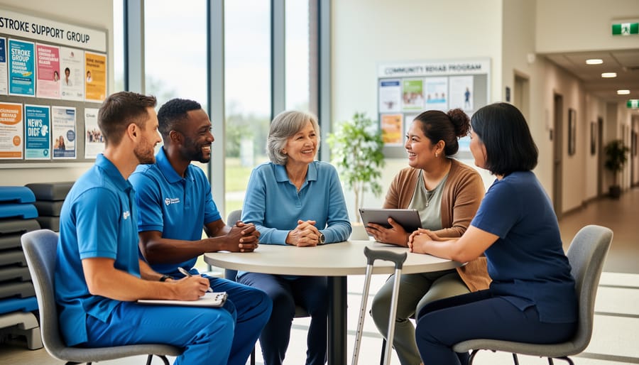 Midlife stroke survivor sits at a round table with a physical therapist, community coordinator, and two peers in a bright community center; a cane rests beside her chair as soft daylight fills the room and background therapy mats and a notice board are softly blurred.