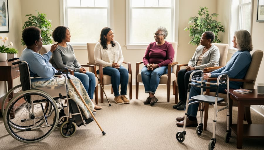 Close-up of hands resting with a cane and walker nearby during a support group meeting.