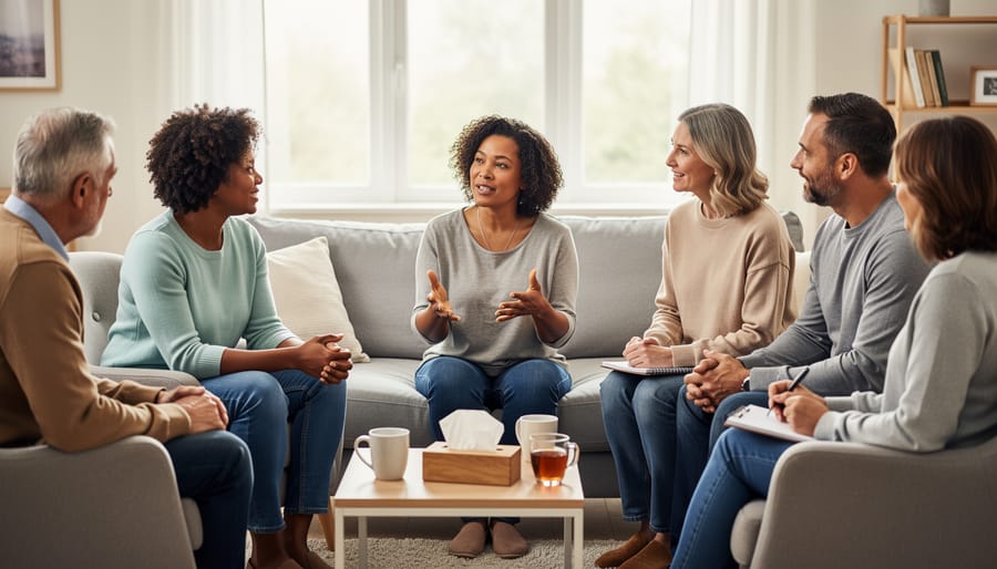 Two stroke survivors listening and speaking during a support group meeting in a community room.