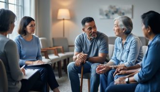 A compassionate support group of stroke and heart disease survivors sitting in a circle in a community room, offering understanding to each other.