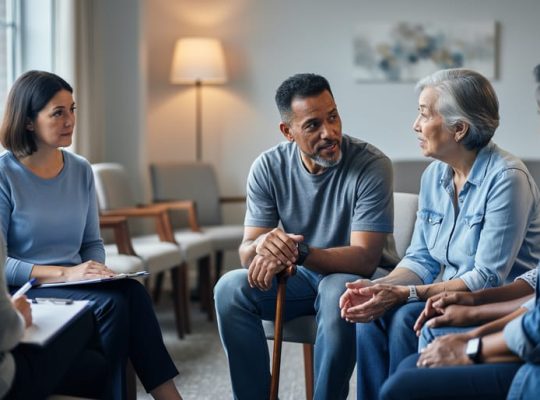 A compassionate support group of stroke and heart disease survivors sitting in a circle in a community room, offering understanding to each other.