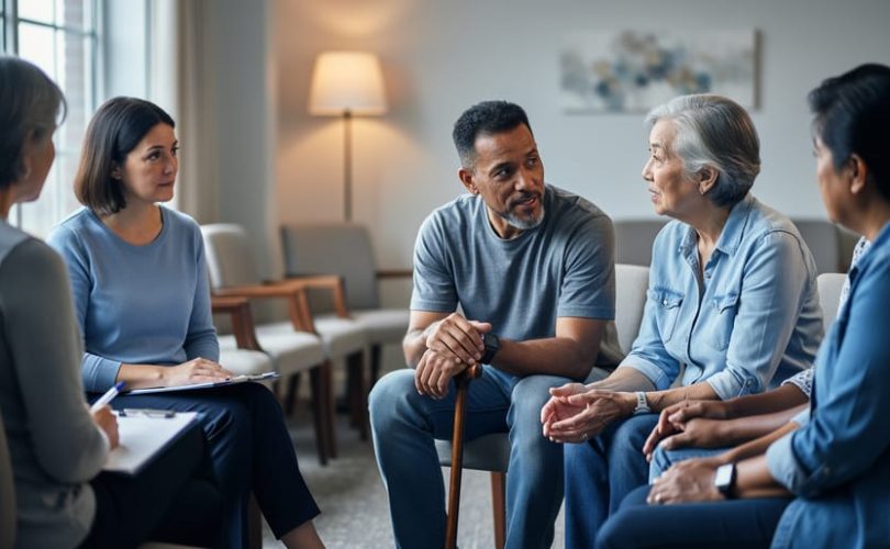 A compassionate support group of stroke and heart disease survivors sitting in a circle in a community room, offering understanding to each other.
