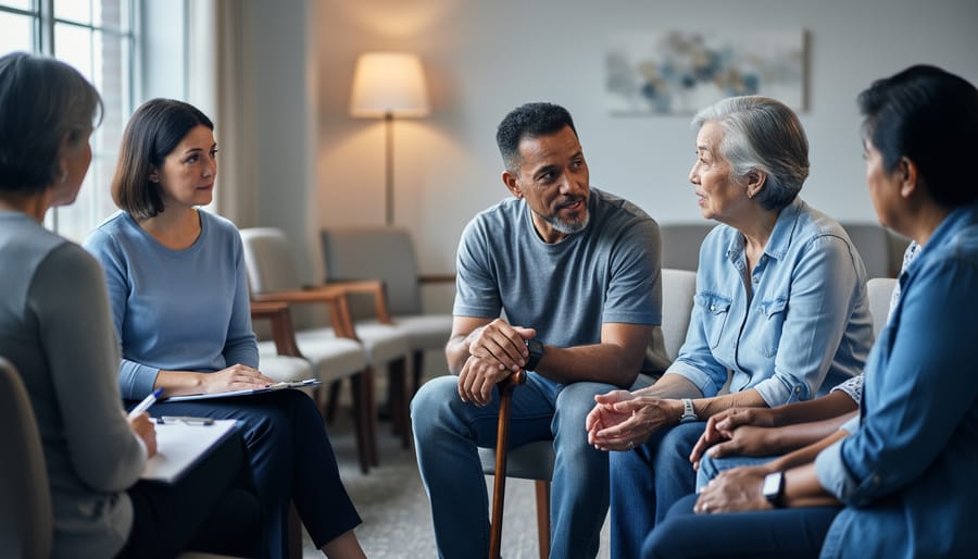 A compassionate support group of stroke and heart disease survivors sitting in a circle in a community room, offering understanding to each other.