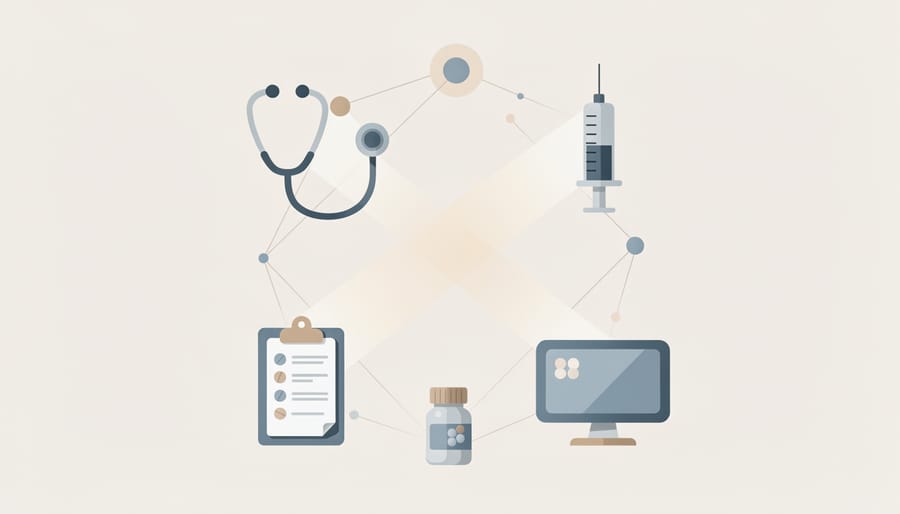 Clinical stethoscope and clipboard on a desk with soft light reflections representing evidence-based healthcare care systems.