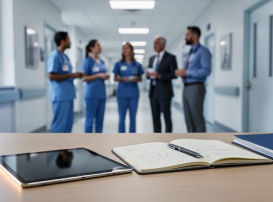 Healthcare manager’s desk with a tablet and open journal pages, with a multidisciplinary team in soft focus in a modern hospital background.