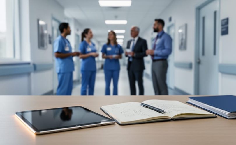 Healthcare manager’s desk with a tablet and open journal pages, with a multidisciplinary team in soft focus in a modern hospital background.