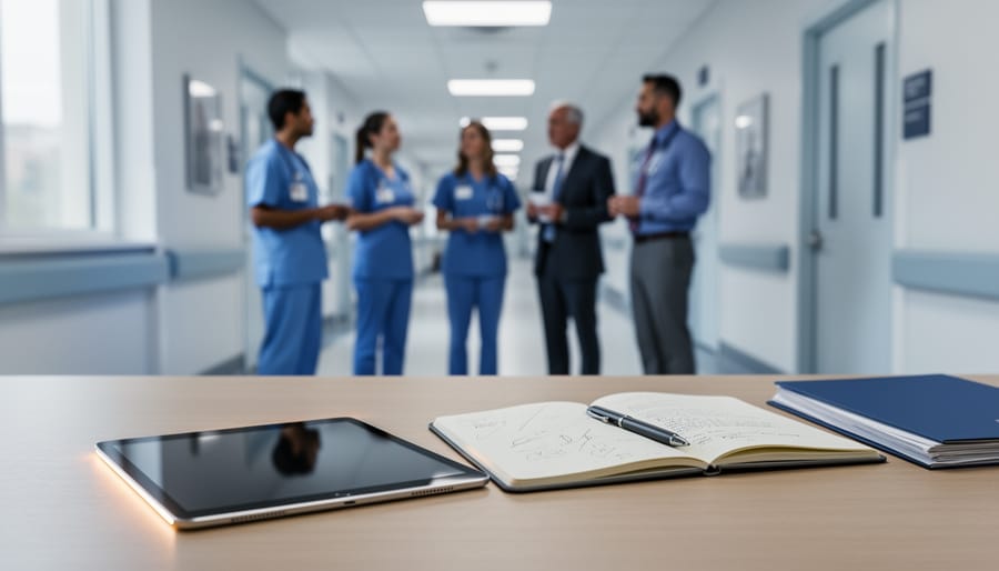 Healthcare manager’s desk with a tablet and open journal pages, with a multidisciplinary team in soft focus in a modern hospital background.
