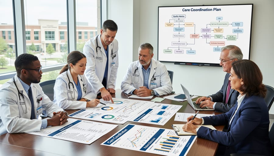 Healthcare leaders in a hospital conference room reviewing care quality materials together.