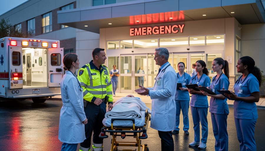 Paramedic assisting a patient onto a stretcher at a hospital emergency department entrance.