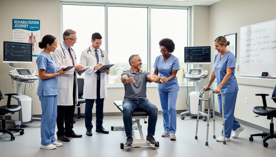 Nurse and stroke survivor in a rehabilitation gym engaging in supportive conversation near therapy equipment.