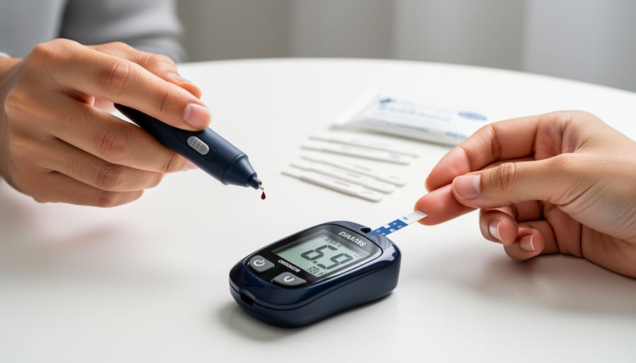 Close-up of hands using a lancing device and glucometer for blood sugar monitoring on a counter.