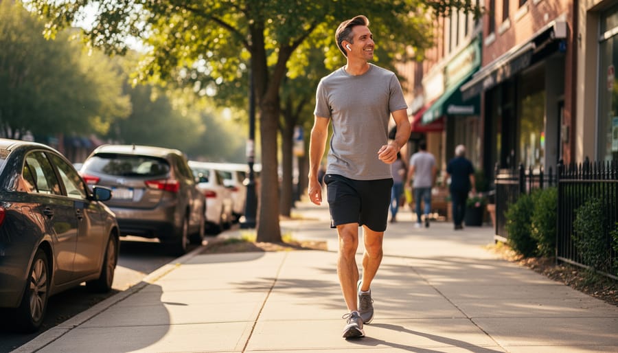 Adult walking briskly on a park path during golden hour with trees in the background.