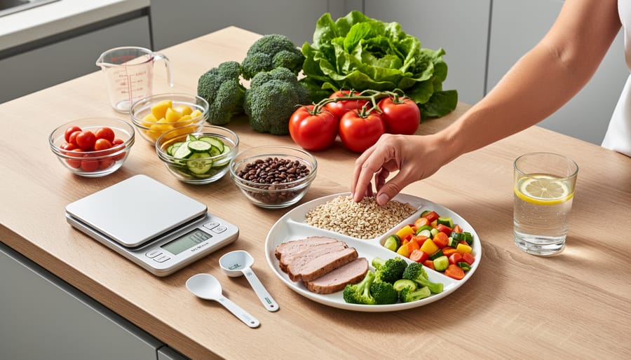 Kitchen scale near fresh produce and vegetables while an adult prepares ingredients on a countertop.