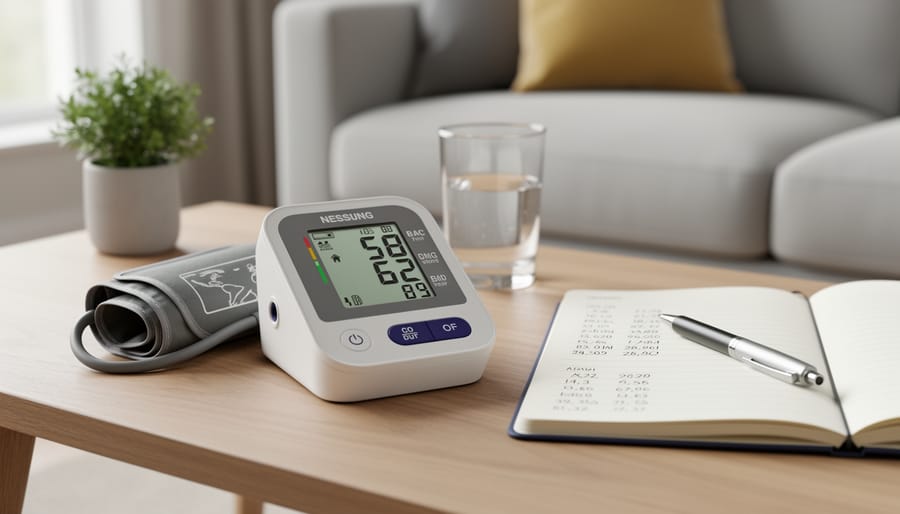 Home blood pressure monitor on a bedside table next to an adult’s hand holding a notepad.