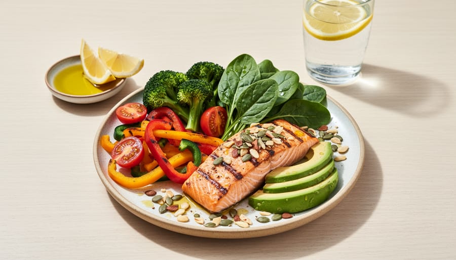Mediterranean-style meal with salmon, leafy greens, tomatoes, olives, and whole grains on a plate.