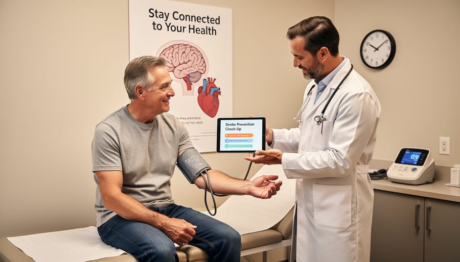 Clinician and patient at an exam room during a routine visit with a medication bottle.