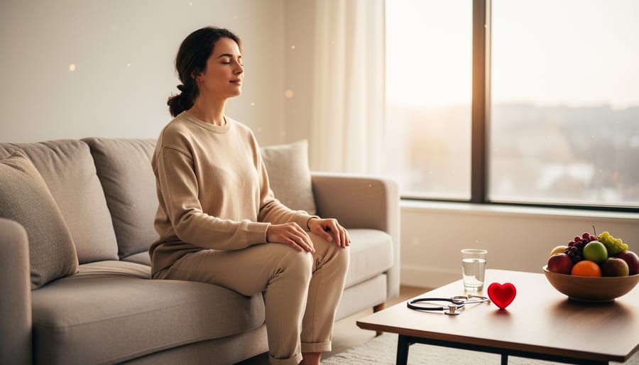 Adult practicing quiet breathing or meditation with eyes closed in a softly lit room.