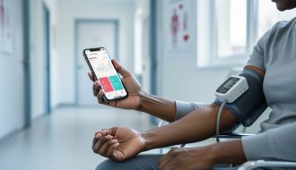 Person in a clinical setting using a blood pressure cuff while holding a smartphone with a health dashboard for stroke prevention guidance.