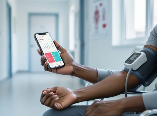 Person in a clinical setting using a blood pressure cuff while holding a smartphone with a health dashboard for stroke prevention guidance.