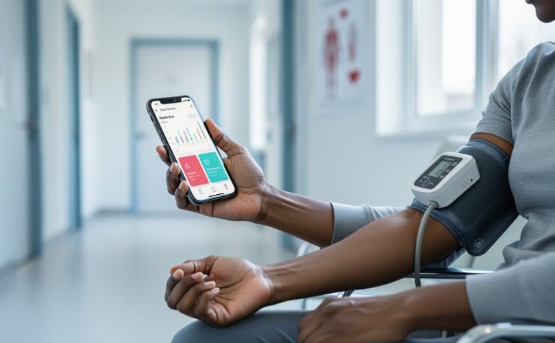 Person in a clinical setting using a blood pressure cuff while holding a smartphone with a health dashboard for stroke prevention guidance.