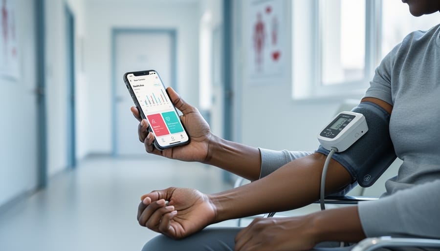 Person in a clinical setting using a blood pressure cuff while holding a smartphone with a health dashboard for stroke prevention guidance.
